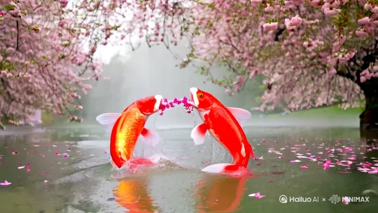 [上升,变焦推进]桃花树下两条特大红色锦鲤鱼窜出水面扑向桃花把桃花瓣含在嘴里不放翻滚跳跃翻滚背景是雨天桃花瓣密密麻麻漂在空中比例为9:16 by Hailuo AI Video Generator