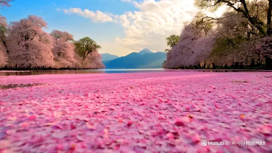 密集的粉色桃花瓣铺满湖面,柔和的阳光穿过花枝,水面倒映着淡粉色花瓣和蓝天白云,湖岸两侧盛开着茂密的桃树,超高清8K画质,广角镜头拍摄,景深效果明显,远处朦胧的山脉轮廓,自然柔和的色调,花瓣在微风中缓缓飘落的动态捕捉 by Hailuo AI Video Generator