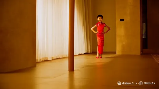 暖色调的室内场景，男孩试穿修身旗袍和红色高跟鞋，走着模特步摆着性感的姿势 by Hailuo AI Video Generator