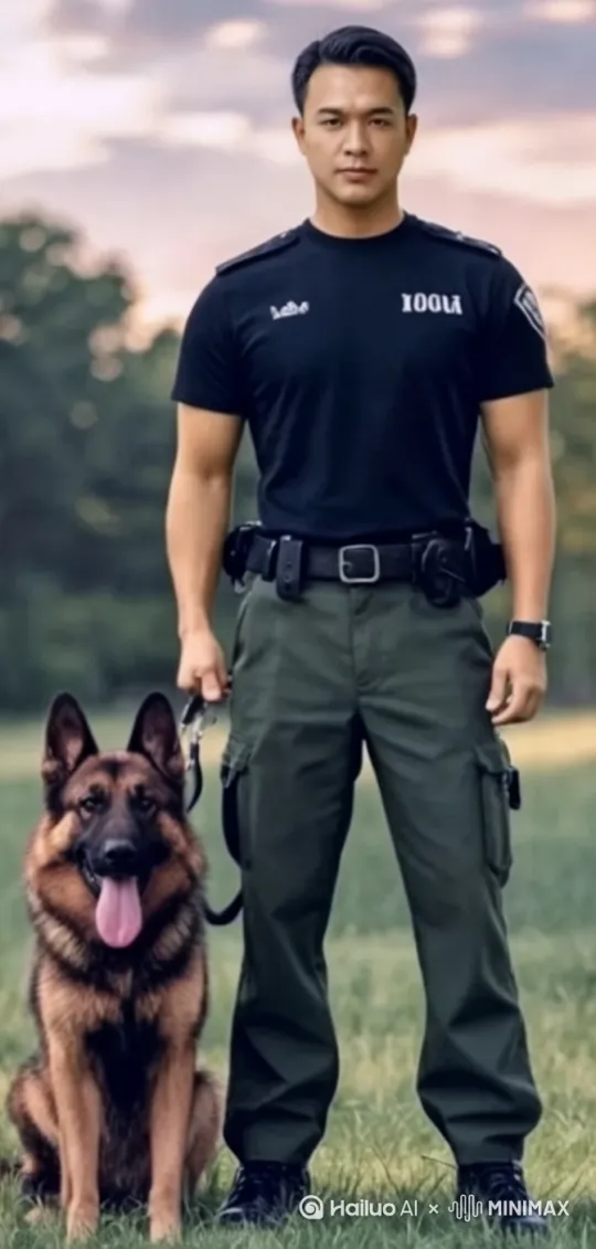 牵着警犬走十步后，蹲下抚摸警犬的脖子。 by Hailuo AI Video Generator