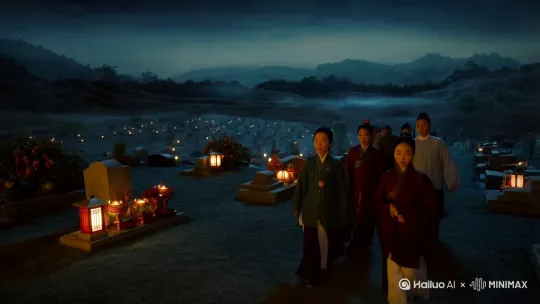 明朝末年，桃源村流传着一个神秘的传说：每逢清明，先人亡魂会在夜间返回阳间，徘徊于祖坟之地。若是子孙虔诚祭扫，便能得到祖先庇佑；若稍有懈怠，恐遭灾祸。 by Hailuo AI Video Generator