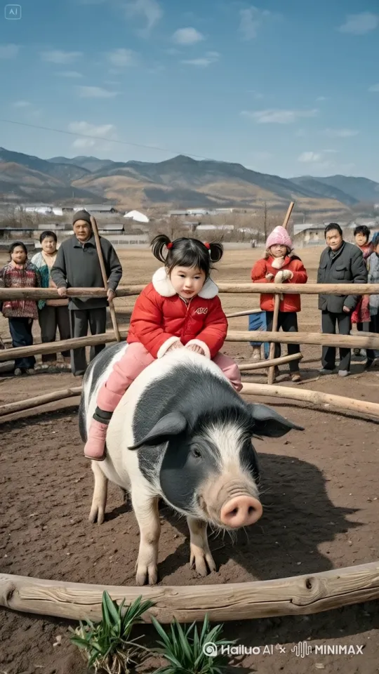 镜头移动，母猪在场地中左右奔跑、上下跳跃、疯狂跳跃，小女孩紧紧骑在母猪身上 by Hailuo AI Video Generator