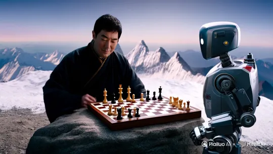 姜子牙与机器人在珠穆朗玛峰之颠下棋。 by Hailuo AI Video Generator