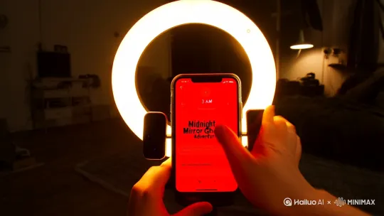 ---
我调整好环形补光灯的角度，手机支架上的三台设备同时亮起红光。凌晨两点五十七分，直播间标题"午夜镜灵大冒险"在推荐位微微跳动。

"家人们看好了，这套LOFT有十二面全身镜。"我转动云台，镜面像多米诺骨牌在屏幕里次第展开，"等会三点整，咱们要玩个刺激的——"

智能音箱突然报时，电子女声在空旷的复式空间炸响："现在时刻，凌晨三点整。"所有镜面同时泛起涟漪，像被石子击碎的水银湖泊。弹幕池突然卡顿，满屏"害怕"表情包凝成惨白的马赛克。

我咽了口唾沫继续走流程："现在关掉所有光源，只用手机电筒找藏在镜子里的..."话音戛然而止。补光灯明明已经熄灭，对面穿衣镜里却浮着团幽绿的光晕。我的倒影正举着正在直播的手机，而现实中的我双手空空。

智能手表的心率监测发出尖鸣，127的数字在黑暗中血红地闪烁。弹幕突然井喷：

[用户85743]：你背后

[用户85743]：你背后

[用户85743]：你背后

颈后的汗毛触到冰凉的呼吸。我猛地转身，防抖镜头却拍到更恐怖的画面——所有镜中的"我"都在做不同的动作：有的蹲在墙角涂口红，有的倒吊在天花板，最远处那面浴室镜里，穿着睡裙的女人正把整张脸贴向玻璃。

"这是整蛊特效对不对？"我干笑着后退，脚跟撞到异物。低头看见充电线不知何时缠满脚踝，数据接口像黑蜘蛛伏在脚背。直播间观看人数飙升至10万+，所有ID都是乱码。

镜面开始渗出水珠。不，是血珠。那些猩红的液体在镜面蜿蜒出电路板般的纹路，组成一张哭泣的女人脸。智能空调突然喷出白雾，液晶屏显示："检测到多人呼吸频率，已切换通风模式"

我冲向大门，指纹锁屏幕亮起幽幽蓝光："识别错误，请物业协助开锁。"物业电话永远占线。这时玄关镜映出诡异画面——本该是电梯间的位置，赫然是另一间镜像翻转的LOFT，穿红裙的女人背对镜头，正在调试三台直播手机。

手机疯狂震动，七年前本地新闻推送突然弹出：《女主播深夜猝死公寓，镜中惊现诡异自拍》。配图是女人瘫倒在镜前，手中直播画面定格在十万观众数，而每面镜子里都映着不同姿势的尸体。

血珠此刻已漫过脚背，镜中女人们集体转头微笑。直播间跳出最后一条弹幕：[用户85743]：新主播已就位，观众朋友们，明晚三点见。

--- by Hailuo AI Video Generator