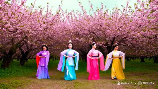 中国5个不同颜色服装的古装美女在开满桃花的桃林里跳舞 by Hailuo AI Video Generator
