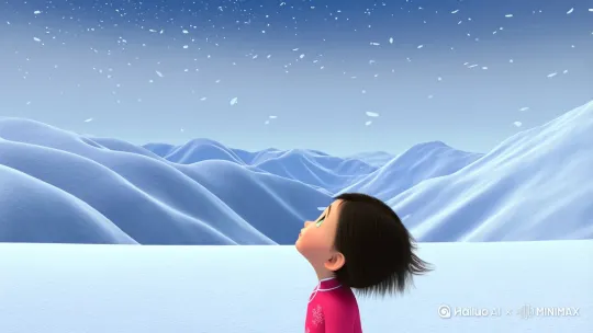 - 3D卡通风格，展现一片连绵起伏、被白雪覆盖的群山。画面中有一个穿着国风传统服饰的5岁萌动小女孩，短发。她正抬着头，好奇地看着天空。天空中没有飞鸟，只有纷纷扬扬飘落的雪花。画面角落里有一只可爱的灰白色松鼠，正快速地从一棵树上窜到另一棵树上，动作敏捷，似乎在寻找食物。整体色调偏冷，以白色为主。 by Hailuo AI Video Generator