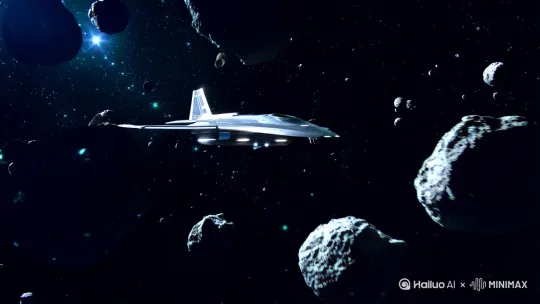 生成视频：飞船在太空行进，远处有恒星点，近处有各种小行星漂浮着。 by Hailuo AI Video Generator
