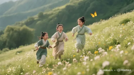 [拉远]摄像机后退拉远镜头，山坡上三个小孩开心地追逐黄色的小蝴蝶，高清画质，电影级画质。 by Hailuo AI Video Generator