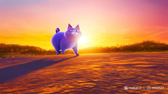 3D卡通风格，一只深天蓝色胖猫在夕阳下奔跑 by Hailuo AI Video Generator