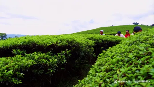 田园风光，绿油油的茶树形成大海，茶农正在采摘茶叶，面部表情喜悦难掩。[推出,上升,下摇] by Hailuo AI Video Generator