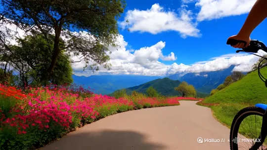 从近向远骑行在公园山地骑自行车的女孩，[跟随]沿曲弯小路，路边鲜花和树木[晃动,跟随]，远景兰天白云群山，[跟随][推进,上升] by Hailuo AI Video Generator