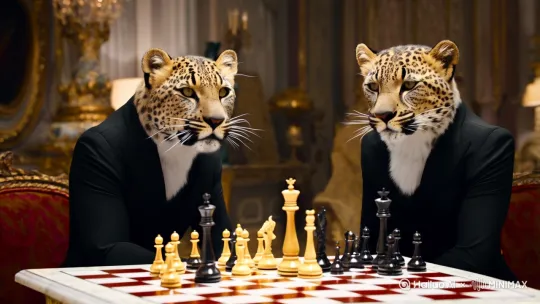 两只穿着黑色高定西装的豹子正在下棋，其中一只突然对另一只发起了攻击，打斗极其剧烈，各种武术招式，画质高清，镜头跟随。 by Hailuo AI Video Generator