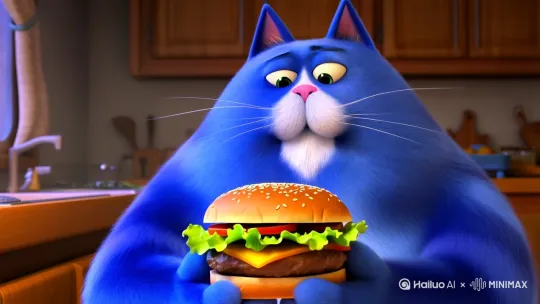 Fat blue cat eats hamburger。 3D by Hailuo AI Video Generator