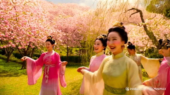 生成视频,电影感,注重细节表现,色调暖调明亮,画面有中国古风。运镜先推进,最后拉远。
背景是山谷里园林,桃花向着太阳开的很明艳。一群唐朝皇宫里美丽的妃子在桃花园里散步,风情万种,不断嬉戏。漾起思春的情意。
特写镜头:那初绽的桃花仿佛是偷偷借取她们面色的红润,那屋檐边新发的柳枝仿佛是学她们轻盈的身姿。 by Hailuo AI Video Generator