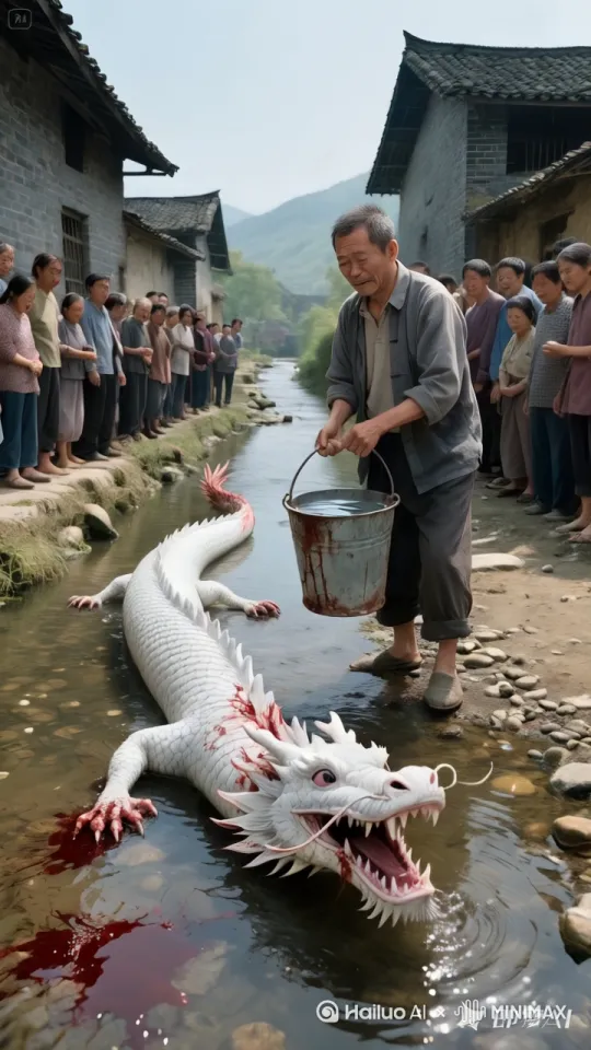 画面中，首先映入眼帘的是一位面容和蔼的老头，身着朴素的灰色布衫，挽着裤脚，正专注地提着一桶水，向白龙倒去。在他身前，是一条鳞片洁白如雪的小白龙，龙须随风轻摆，龙眼灵动有神。当老头将桶中的水浇到小白龙身上后，小白龙瞬间活力迸发，如离弦之箭般腾空跃起。它身姿矫健，在空中欢快地飞舞盘旋，龙嘴一张，无数金光闪闪的金币如雨点般洒落。周围一群围观群众，男女老少皆有，他们穿着现代日常服饰，脸上洋溢着惊喜与欢乐，一边鼓掌，一边欢呼，有的人还兴奋地伸手去接金币。天空湛蓝如宝石，阳光洒下，为整个场景披上一层金色光辉，营造出充满奇幻、喜庆且欢乐的氛围。 by Hailuo AI Video Generator