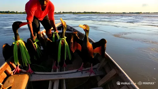 Damin usually sets off in the late afternoon and gets the cormorants ready for
work. First, he ties a piece of grass around their necks to stop them from eating big fish. Then when Damin's boat reaches the right place in the river, he pushes them into the river. Damin uses several ways to attract fish. During the day, he jumps
10 up and down on his boat by Hailuo AI Video Generator