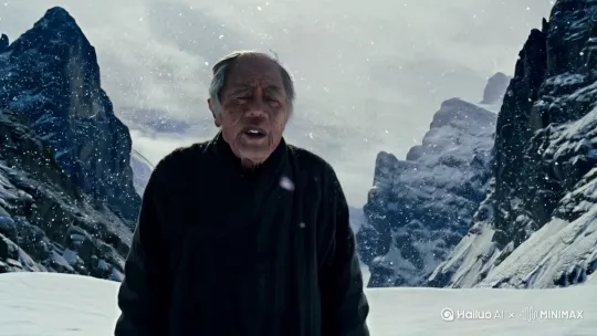 漫天飞雪，远处是大山，两侧也是山，一个老爷爷的背影，说了一句：“大雪封山了，回家的路不好走了” by Hailuo AI Video Generator