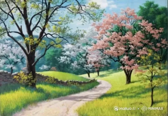沿着小路向前行，沿路鲜花绿草大树[跟随]，远景兰天白云碧海[推进,上升] by Hailuo AI Video Generator