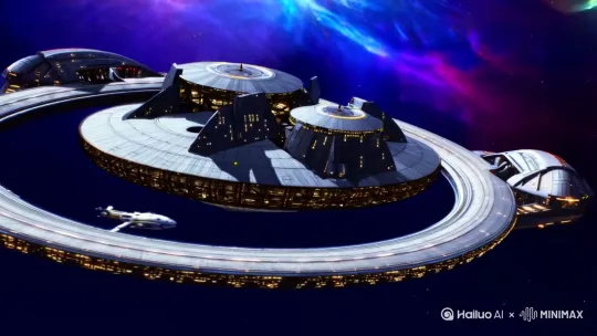 一个巨型环形空间站在太空中航行，远处有星云 by Hailuo AI Video Generator