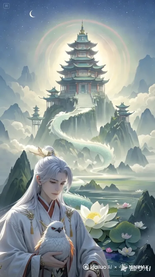 手轻轻抚摸凤凰，后面缓缓流水[推进,上升] by Hailuo AI Video Generator
