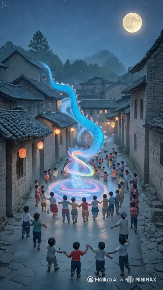 一条银色彩色的巨龙盘旋在小巷子之间和地面的小朋友互动游戏，小朋友们拍手欢呼 by Hailuo AI Video Generator