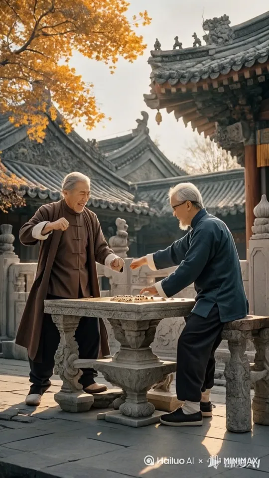 动态提示词
 
镜头移动，动态跟随，无人机在两个人侧上方开始拍摄。高清写实画面，四合院房顶，两位老者由对弈突生冲突。一位怒起出拳“黑虎掏心”，另一位侧身躲避并反击“力劈华山”。两人拳掌交错，棋盘棋子纷飞。接着空中辗转腾挪，先后借势出招。最终半空翻筋斗，落地尘土飞扬。 by Hailuo AI Video Generator