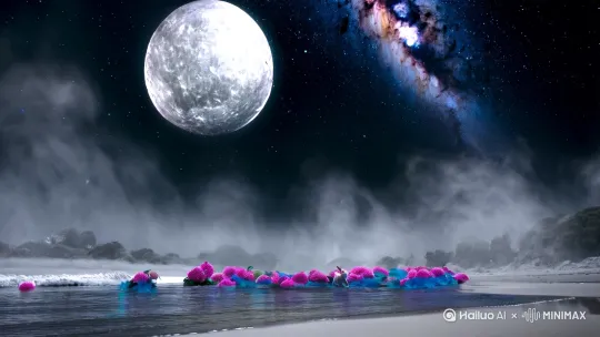 帮我生成一张图片:一个银白色的大月牙散落在海滩上,伴有银河星辰,海滩上漂浮着许多紫红色和蓝色的桃花,许多紫红色和蓝色的桃花漂浮在海花上,银色,超宽,虚幻引擎,梦幻,烟雾,高清,梦幻风格。狗和兔在上边玩耍一会儿亲亲一会儿抱抱 by Hailuo AI Video Generator