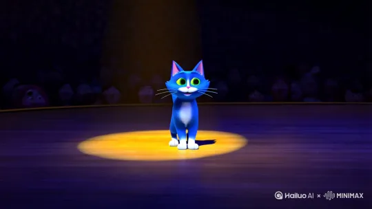 蓝色的猫在台上讲笑话 by Hailuo AI Video Generator