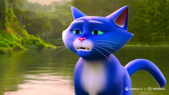 蓝色的猫非常绝望的跳河了 by Hailuo AI Video Generator