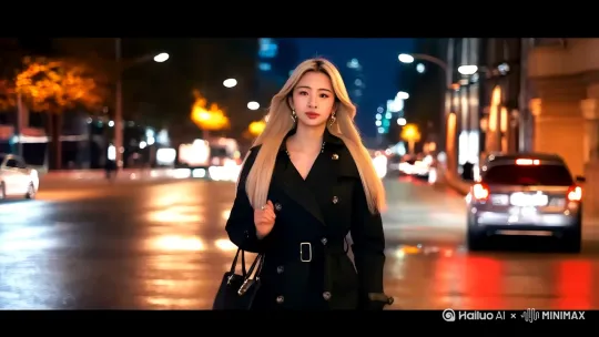 [左移,右摇,跟随]一个美女手提一只包包穿着黑色风衣走在夜晚的街道上，来往的车辆和行人从他身后经过[左移,跟随] by Hailuo AI Video Generator