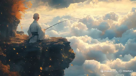 远处的云海汹涌翻腾，大风吹动树叶和衣服，人物不动，鱼竿微微晃动，镜头从右平移到左 旋转镜头，俯视 by Hailuo AI Video Generator
