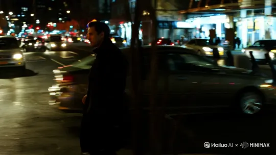 [左移,右摇,跟随]一个男人抽着烟穿着黑色风衣走在夜晚的街道上，来往的车辆和行人从他身后经过[左移,跟随] by Hailuo AI Video Generator