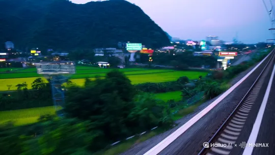 |4|组合切换|运用慢镜头与跳切，交替展示车窗外倒流的风景：稻田、隧道、霓虹站牌（站名模糊如“未抵达的誓言站”“泪滴站”）|推近拉远交替|10s|画面跳切、风景倒流特效|列车行驶声，风声|[右移,左摇,跟随][推进,上升][左摇,变焦推进] by Hailuo AI Video Generator