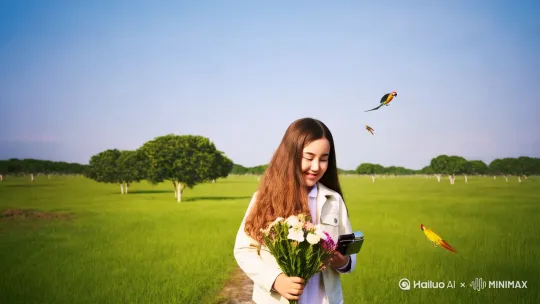 图片中长头发，头发波浪线的女孩，走在一个宽敞明亮的草坪中间小路上，手里拿着一束花，在一边走一边拍照手里的话，附近有几棵树，书上有鹦鹉在不停的鸟叫，还有几个鸟飞在空中，天上很灿烂，突然她后背长出翅膀，天使一样飞走了。 by Hailuo AI Video Generator