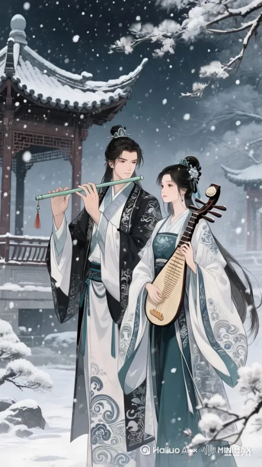 雪纷纷扬扬飘落，男子持笛吹奏，唇动指舞；女子怀抱琵琶，拨弦弄音，身姿微倾。 by Hailuo AI Video Generator