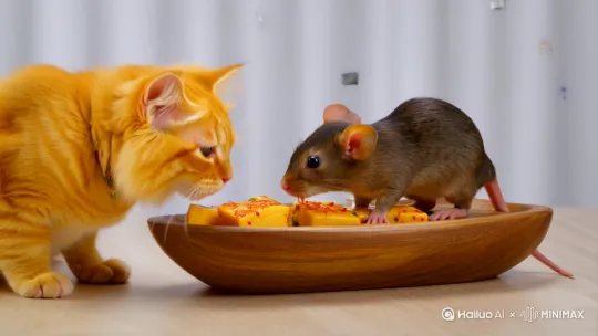 黄色猫喂老鼠吃麻辣豆腐 by Hailuo AI Video Generator