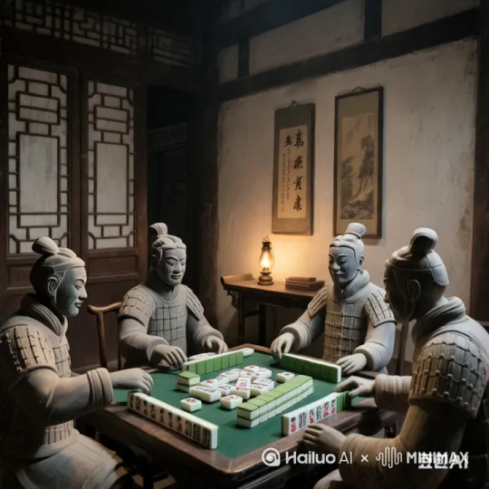 让图片里面的四个人动起来，在打麻将，栩栩如生，真实，清晰。 by Hailuo AI Video Generator