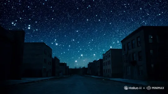 时间：夜晚
地点：梦幻的星空，无人的小巷子
人物：浑身脏兮兮，但十分可爱的小女孩
事件：凝望着星空，画面唯美而治愈，却又孤独无助 by Hailuo AI Video Generator