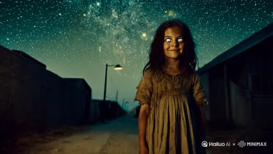 时间：夜晚
地点：梦幻的星空，无人的小巷子
人物：浑身脏兮兮，但十分可爱的小女孩
事件：[固定镜头]小女孩凝望着星空，如水般的眼睛倒映着星空，画面唯美而治愈，却又孤独无助 by Hailuo AI Video Generator