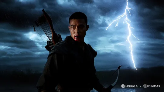 乌云密布 电闪雷鸣   一位武功盖世的大侠在雨中漫步  大侠身负重伤  手中提着断刀  背上背着长弓    嘴角流血鲜血  眼神犀利   意志坚强 by Hailuo AI Video Generator