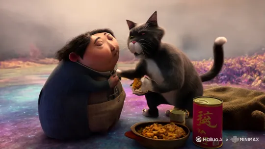 奶龙，和胖猫，贴在一起胖猫把懒人吃了，然后把懒人罐头吃了，然后一个大怪兽，把他们两个爆炸了，那人一巴掌打飞怪兽 by Hailuo AI Video Generator