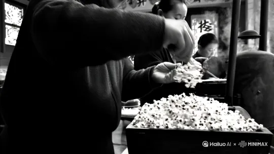 黑白色，有六七十年代的年代感爆米花制作**  
   - [左移,上升][左移,上升]. **年节民俗记录**  
    - 手工剪纸窗花、土灶蒸年糕、煤油灯写春联等春节元素[2]][5]]。 by Hailuo AI Video Generator