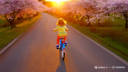 一个小孩儿在春天的路上骑自行车 by Hailuo AI Video Generator
