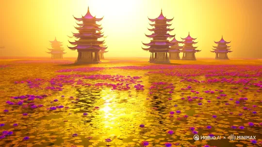 琉璃大地映金光，七宝楼阁悬天翔。  
八功德水潺潺响，曼陀罗华漫天香。  
众鸟和鸣宣妙法，天乐空灵绕画梁。  
光明遍照无昼夜，莲华化生皆妙相。 by Hailuo AI Video Generator
