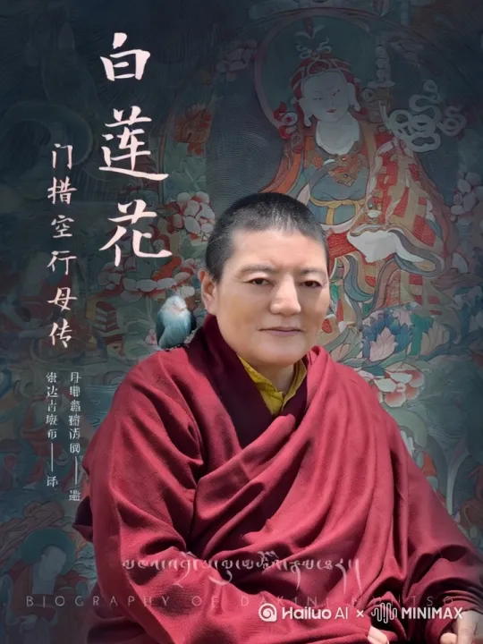 当代女性修行者树立了崇高的典范。
她是邬金莲花生大士所摄受的明妃卡钦萨·益西措嘉的转世，现为“浊世佛教之灯”圣者法王如意宝身语意的无上继承者。
在雪域这片土地上，她如繁星中央的满月般，从所有女尼中脱颖而出。她是现为女身相的俱生空行母，是我们所顶戴的珍宝，是诸部坛城海的遍主至尊殊胜上师，是持戒严谨的女性圣者。 by Hailuo AI Video Generator