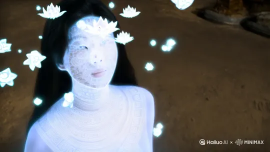 液态金属美人面容悬浮量子佛珠，皮肤呈现超流体波纹效果，脑机接口莲花冠放射纠缠粒子束，动态捕捉虹膜中坍缩的波函数图案，纳米打印技术再现敦煌飞天发饰，微芯片纹路在颈部形成法轮图腾，浅景深突显面部赛博神性，杜比视界HDR增强光子袈裟透明度，紫外线光谱渲染灵能气场 by Hailuo AI Video Generator