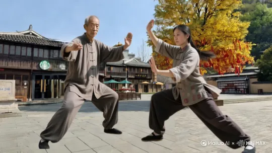 两位民间艺人在古建筑前，比试武功。右边女子双臂左右进攻。左边男子后退两步反击展轻功跳跃翻滚至古建筑房顶激烈打斗，随后展示轻功在屋顶上打斗。高清[推进,上升]电影效果。 by Hailuo AI Video Generator