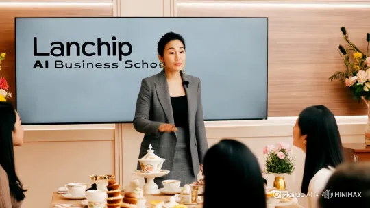 一个时尚带点女企业家霸气的演讲风格的女人站在一个大屏幕前。大屏上显示澜芯AI商学院、女人在给坐在一个长形下午茶沙龙桌子上的中国女人们分享AI赋能企业 by Hailuo AI Video Generator
