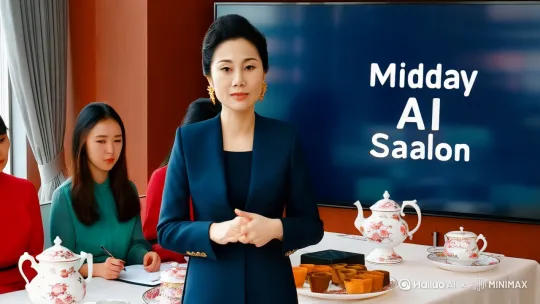 一个时尚带点女企业家霸气的演讲风格的女人站在一个大屏幕前。大屏上显示中午AI沙龙、女人在给坐在一个长形下午茶沙龙桌子上的中国女人们分享AI赋能企业 by Hailuo AI Video Generator