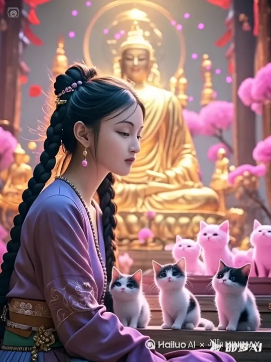 场景描述：清晨阳光穿透菩提树叶在石台上投下光斑，佛祖通体笼罩在金色光束中盘坐于树根处，二十只真实毛茸茸的小猫在石阶周围追逐打滚，三只幼猫正扒着佛祖衣摆试图攀爬，两只橘猫在佛珠串上磨爪子。主体描述：采用超写实8K画质呈现小猫湿润鼻头和佛祖袈裟的金丝纹路，动态捕捉猫咪跳跃时扬起的绒毛。动作描述：镜头从树顶俯冲展现全景后环绕佛祖面部特写，聚焦瞳孔中映出的猫咪嬉戏画面。视觉风格：圣光粒子在空气中缓缓飘落，柔和粉金色调晕染天空，佛祖每根睫毛都携带光晕。氛围：神圣庄严与童趣温暖交融，背景云层如液态黄金缓慢流动。技术细节：16:9电影比例，动态光影追踪技术让光线随猫咪跑动实时变化，佛祖袈裟每根丝线都反射着星芒 by Hailuo AI Video Generator